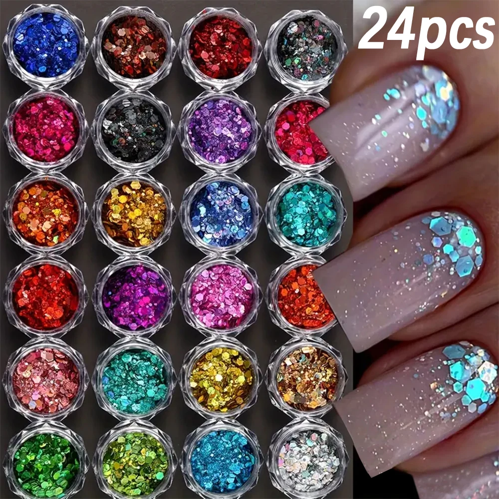

24 Colors Iridescent Nail Art Glitter Sequins Set Holographic Chunky Colorful Sparkly Hexagon Flakes Summer Nail Sequins