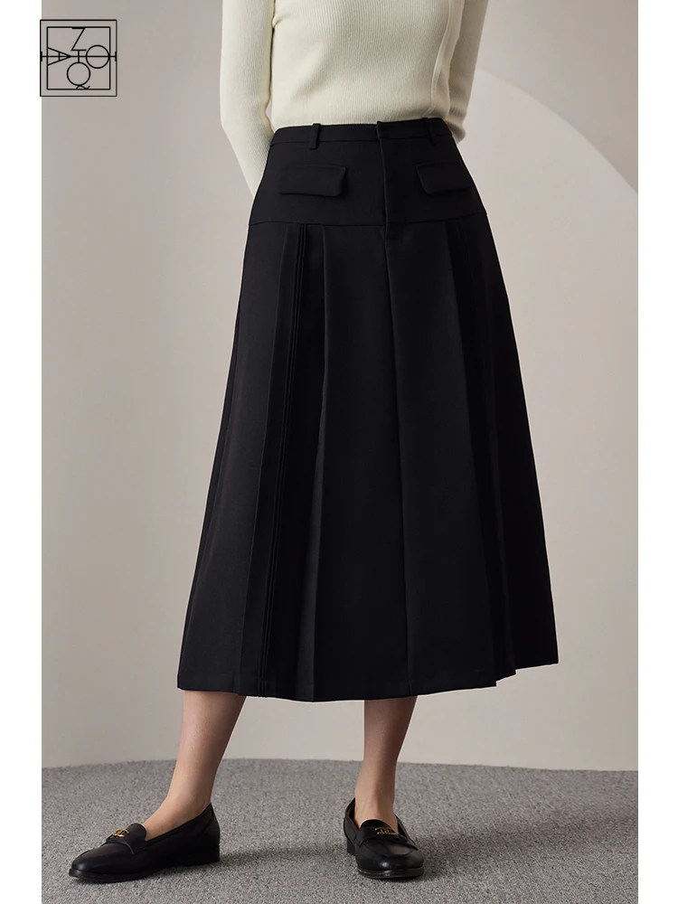 ZIQIAO Commuter Style High-waisted Black Mid-length Suit Skirt for Women Autumn Newly Pleated Design Suit Skirts Female