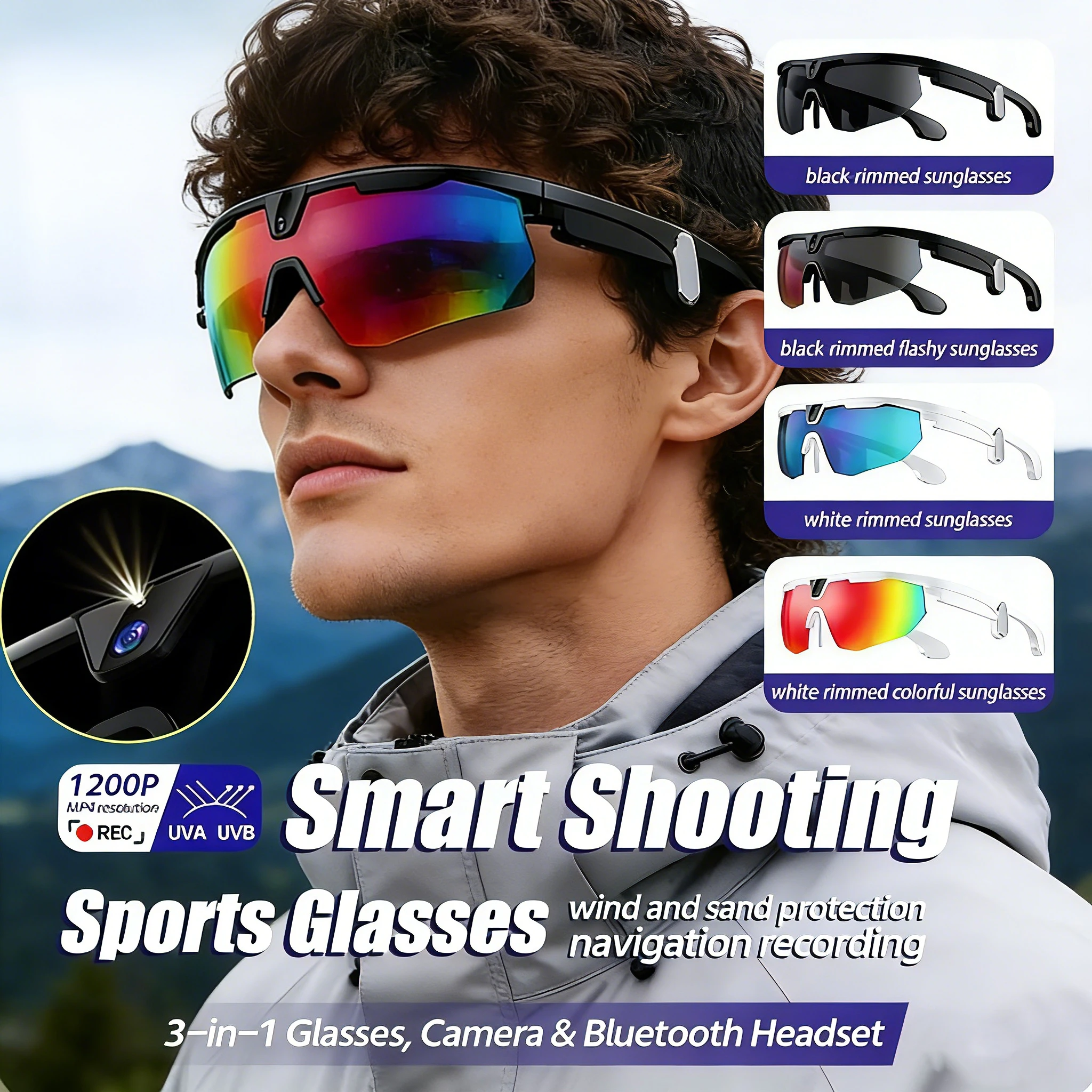 

2026 AI Smart Glasses 800W HD Anti-shake Camera Action Capture Goggles Men 3DSurroud Sound AI Chat Call Outdoor Sport Sunglasses