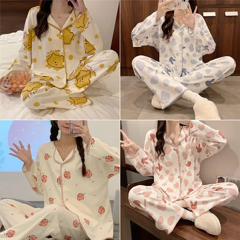 Autumn and Winter Long-Sleeved Pajamas Ladies Cardigan Loungewear Blue Letter Print Lapel Women Pajamas Large Size Xxl Trousers