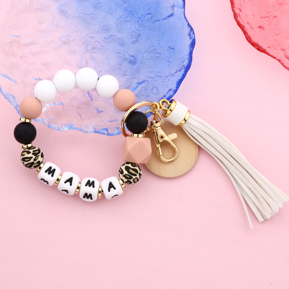 Mother\'s Day Gift Leopard Silicone Bead Key Chain Letter MAMA Beaded Wristlet Keychain With Wood Disc Leather Tassel Key Ring