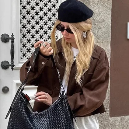 Veste en daim et cuir pour femme, vêtement décontracté, col rabattu, petit costume, fermeture éclair, manteaux marron, collection automne-hiver 2025