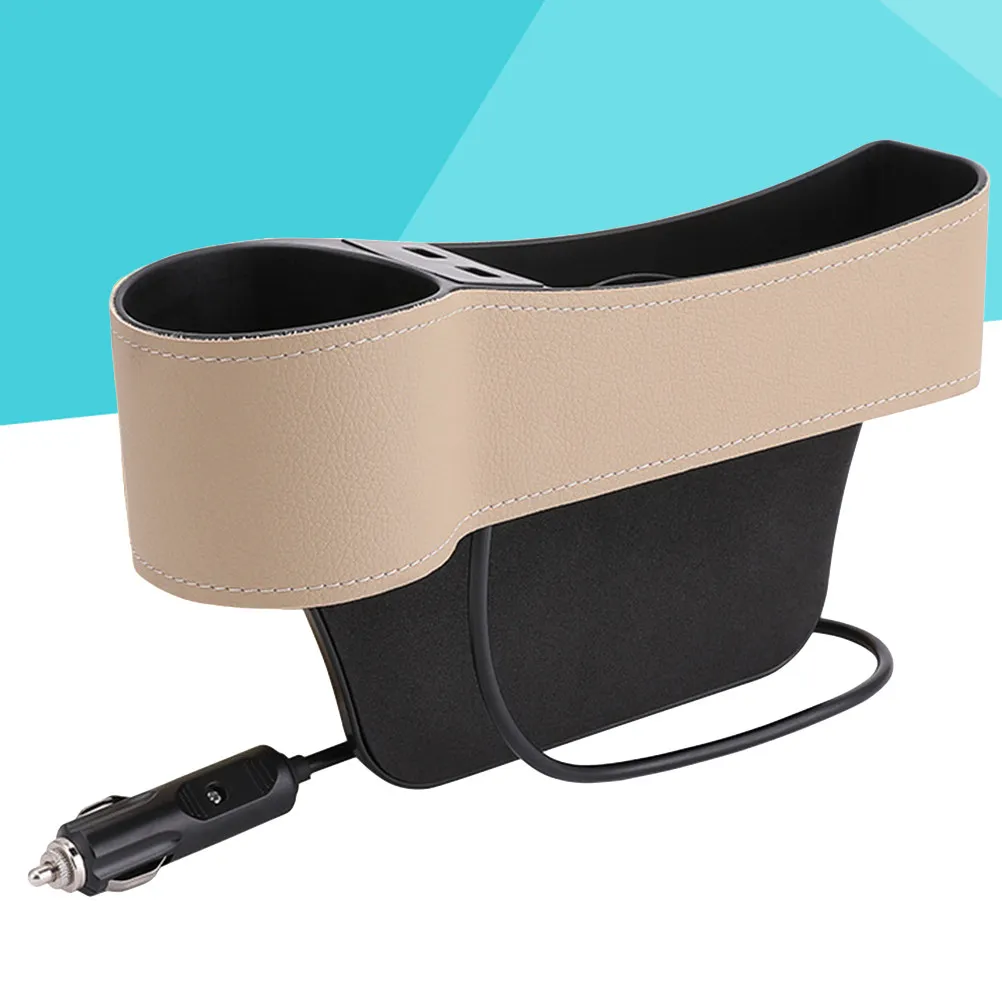 Car Seat Gap Storage Box Brown Dual USB Charger Cup Holder Organizer Universal Car Seat Gap Filler Catcher Driver Side Pocket