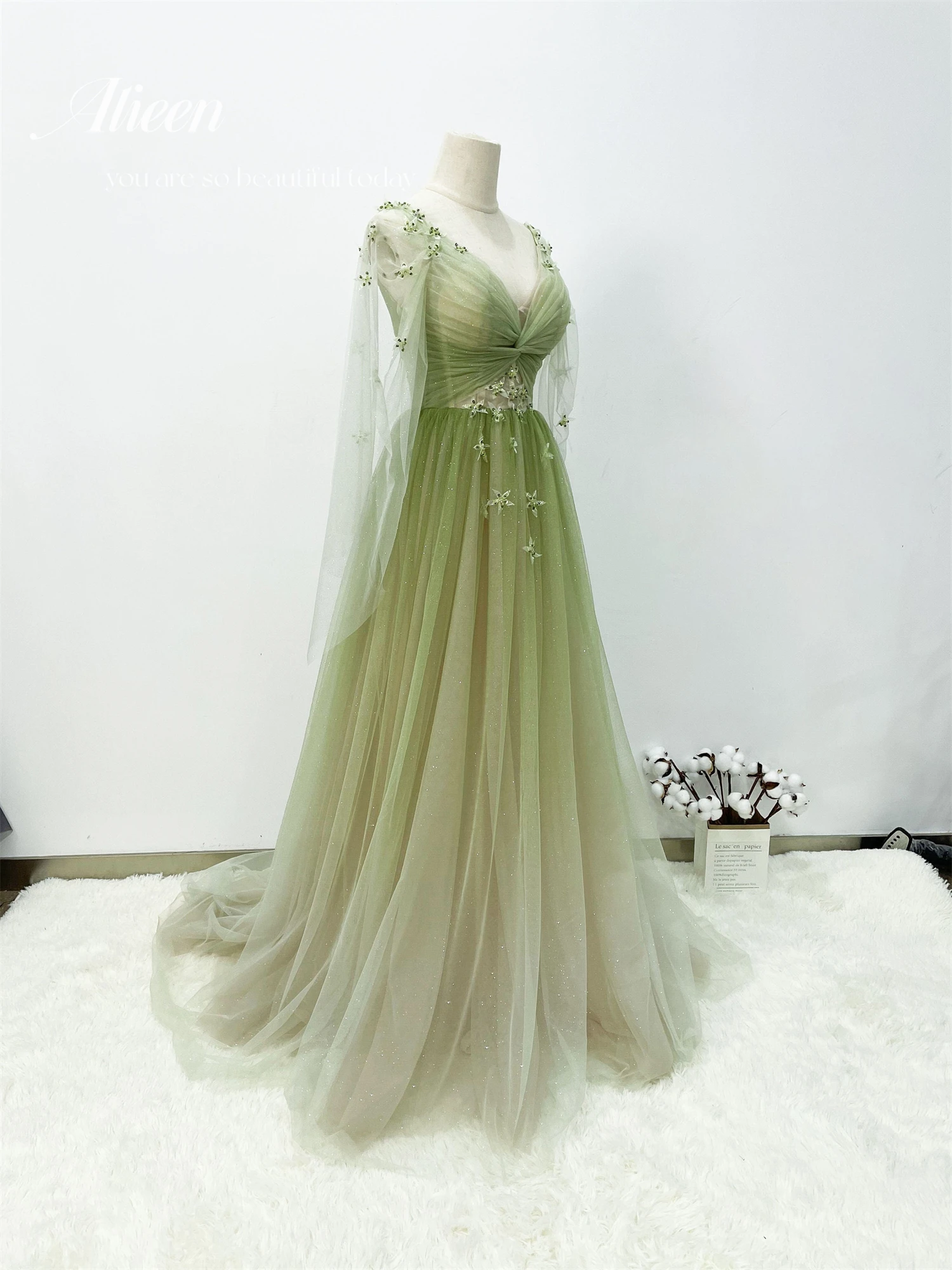 Dress Women Formal Occasion Dresses for Prom Wedding Elegant Gown Gradient Green Graduate Chiffon V-ling Skirt customized