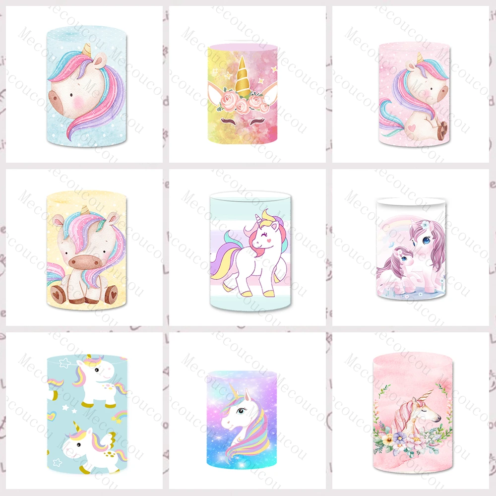 خلفية موضوع يونيكورن جميلة مخصصة لعيد ميلاد الأطفال في الهواء الطلق غطاء عمود كعكة حامل قاعدة الديكور الدعائم