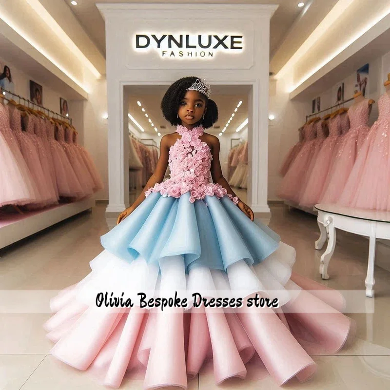 Handmade Flower Girl Dress Kids Princess Wedding Tulle Petal Sleeve South African Style  Ruffled Girls Prom Customized