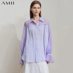 Amii Minimalist Lapel Women's Blouse 2025 Summer New Balloon Sleeves Chiffon Shirt Solid Loose Leisure Cardigan Tops 12541104