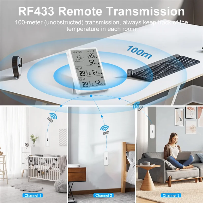 

BNVN-Tuya Wi-Fi метеостанция цифровой прогноз экрана с 6 датчиками Wi-Fi + RF433, термометр, гигрометр, поддержка голосового управления
