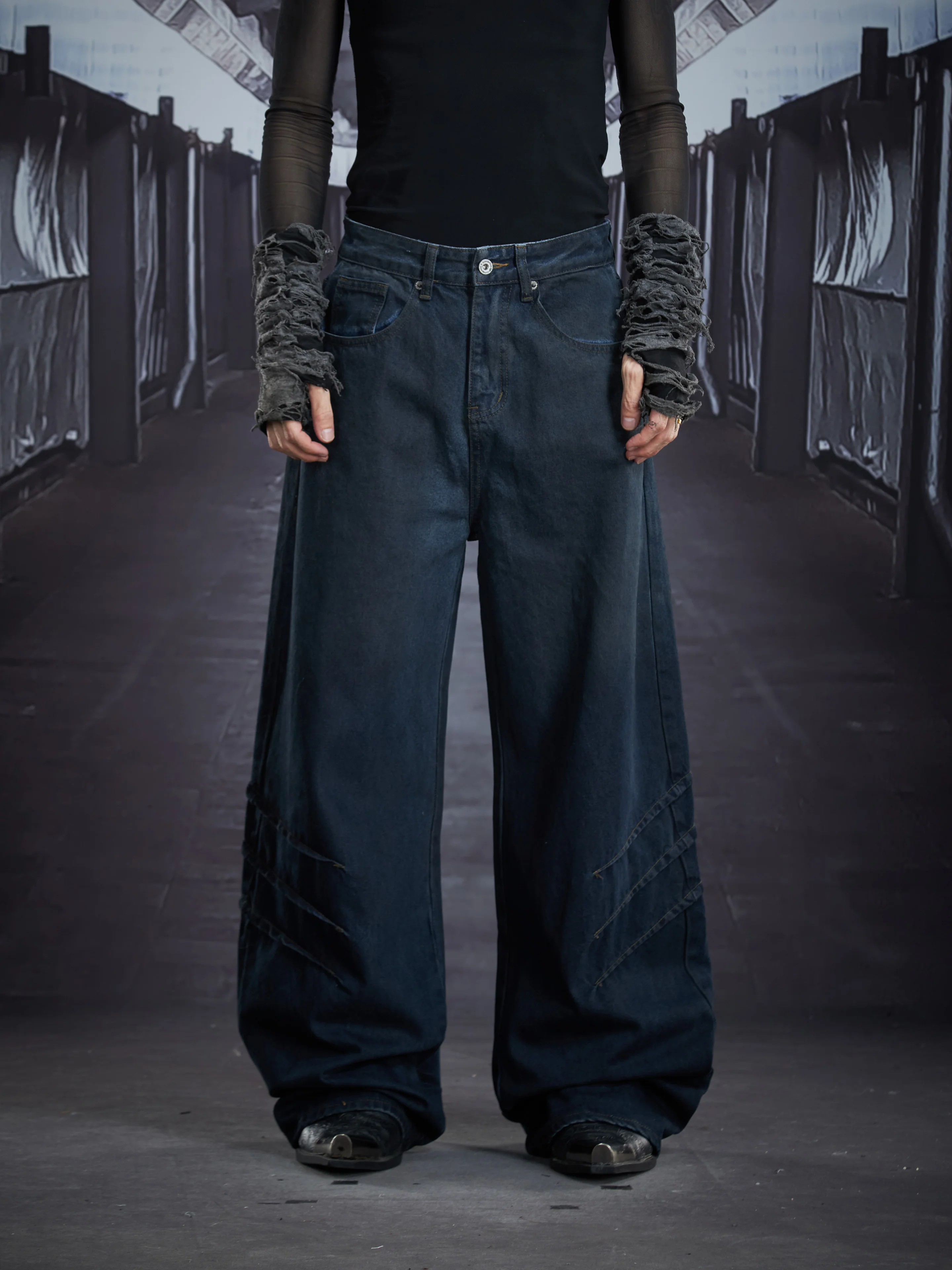 

Special-Interest Design New Heavy Industry Dirty Dyed Pinch Pleated Loose Straight Super Long Mop Jeans