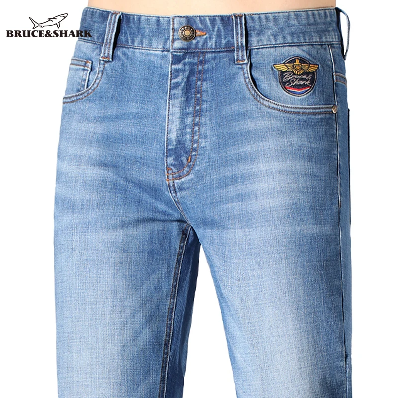 Jeans Biru Pria Klasik, Celana Katun Tebal Elastis Musim Gugur Terbaru, Jeans Denim Pria Bruce&Shark Model Lurus Pinggang Sedang, Ukuran Besar 42