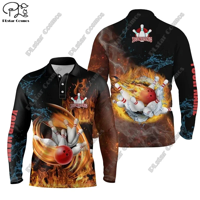 New Colorful Flame Crash Bowling Polo Shirt Custom name Men's and Women's Bowling Jersey 3D Printed Long Sleeve Polo Shirt X-6