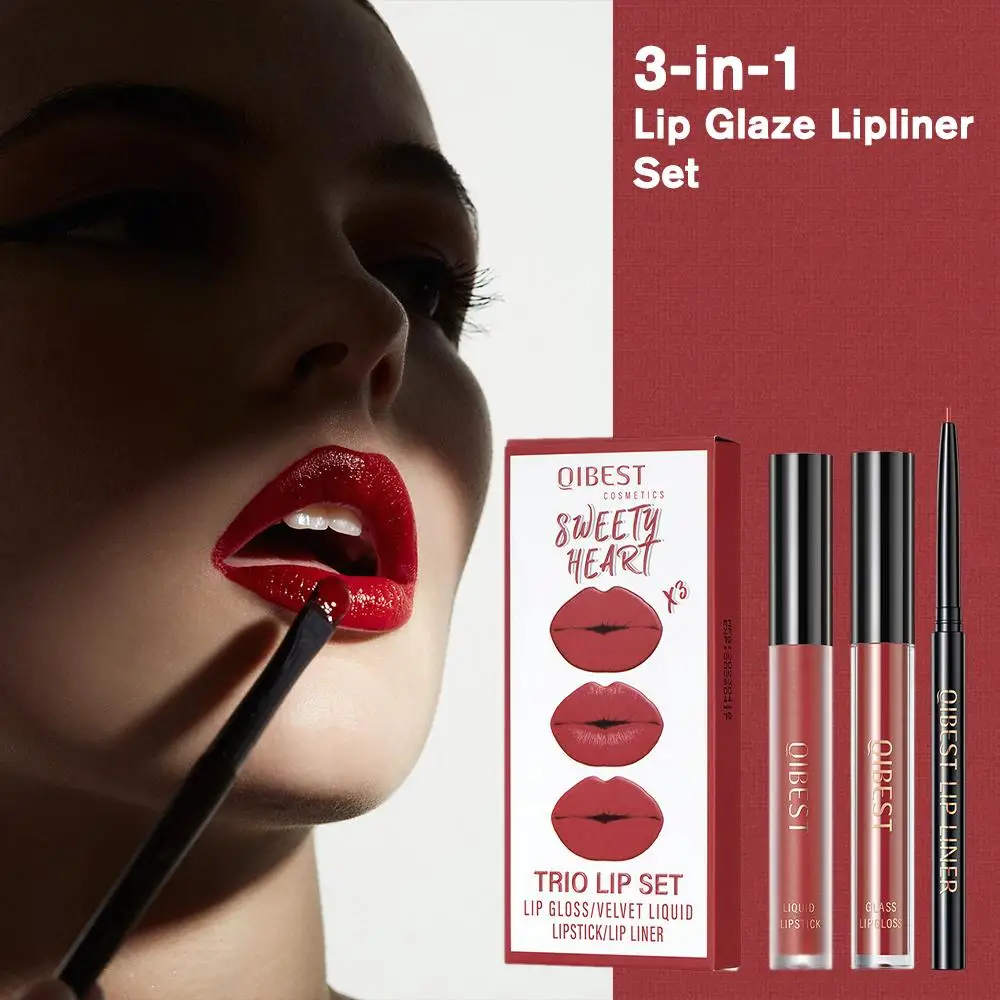 Matte Black Batom e Lip Liner Set, líquido de veludo, esmalte vermelho, impermeável Lip Gloss Kit, de longa duração, cosméticos, X3B6