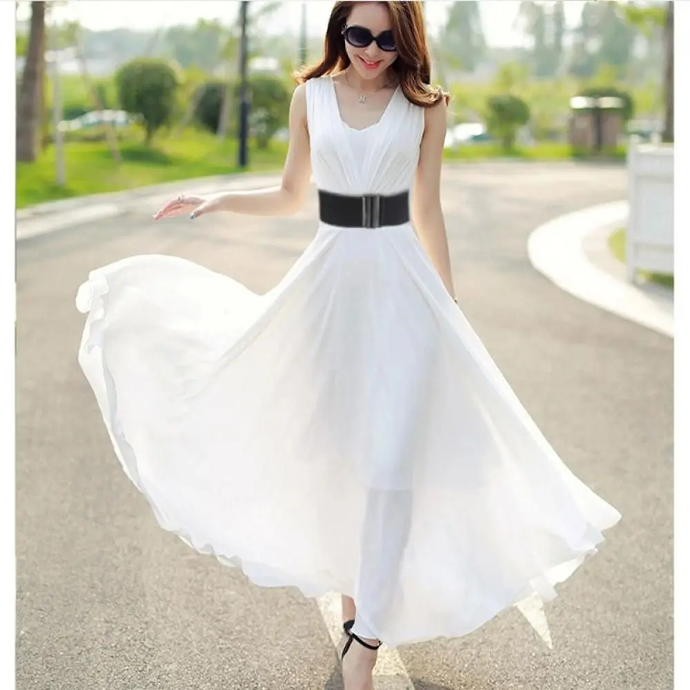 เข็มขัดรัดเอวผ้ายืดทรงกว้างมีหัวเข็มขัดสีเงินแฟชั่นสำหรับผู้หญิง
