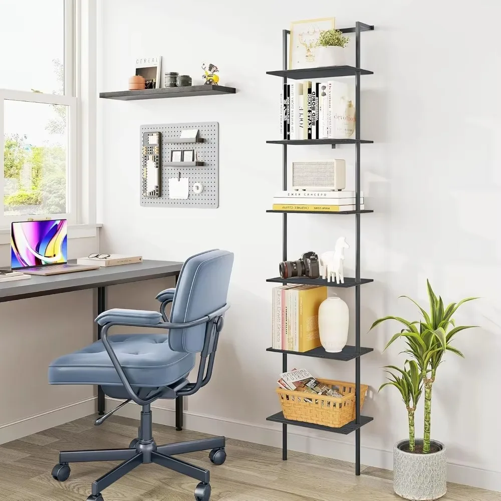 6 Tier Ladder Shelf, 77 Inch Wall Mounted Ladder Bookcase with Metal Frame, Wooden High Open Storage Shelf & Display Stand