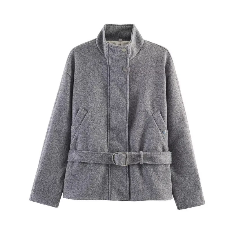 Women's Coffee Stand Collar Short Wool Coat, Autumn Winter Loose Drop Shoulder Woolen Jacket with Waist Belt