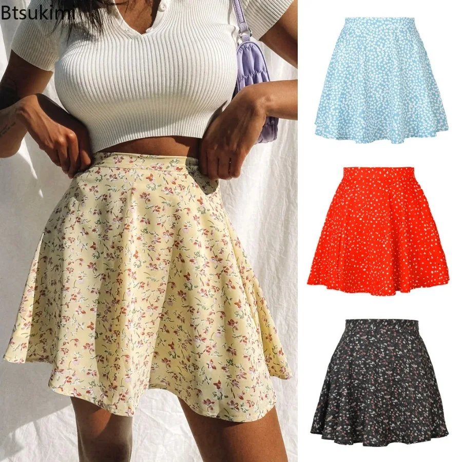 2024 Women's Summer Sexy High Waist Large Hemline Skirt Dress Knee-length Flower Printed Beach Holiday Short A-Line Mini Skirts