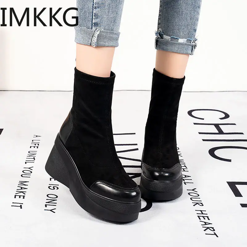 Autumn Boots Women Shoes Woman Boots Fashion Round toe Ankle Boots 2020 Winter Elastic Black Boots Comfortable Botas