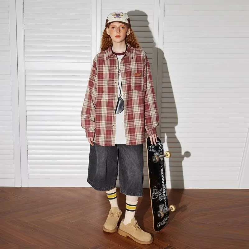 Ropa de trabajo de manga larga, ropa Popular coreana, camisa a cuadros Traf American High Street, camisas de marca de moda, estilo de diseñador Retro