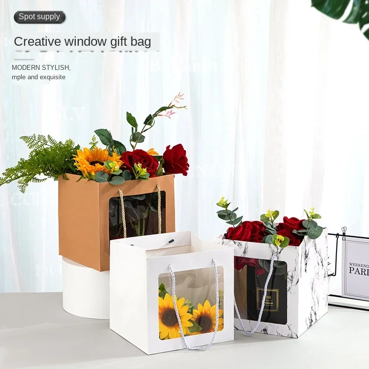 12pcs Square Gift Paper Bag With Transparent Window Birthday Flower Packaging Paper Bag Hnadle Potted Plants Packing Bags