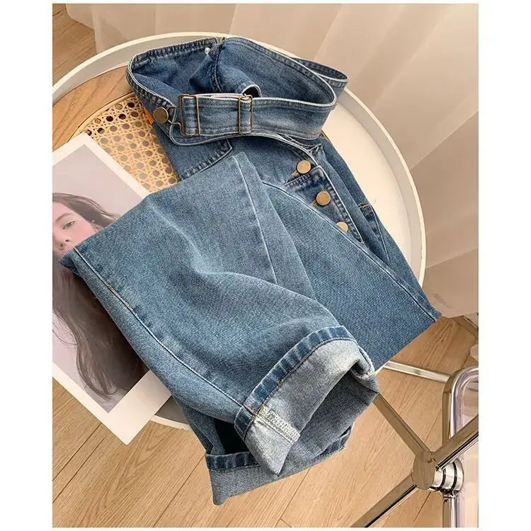 

Design Sensation Spring Autumn Women's Wide Leg High Waist Overalls Loose Fit Denim Jumpsuit Casual Deep Color Cotton Blend