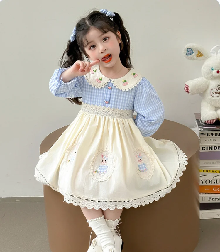 فستان كارتون منقوش باللون الأزرق بأكمام طويلة للأطفال حديثي الولادة، فساتين حفلات على الموضة للأميرة للأطفال 2-7 T