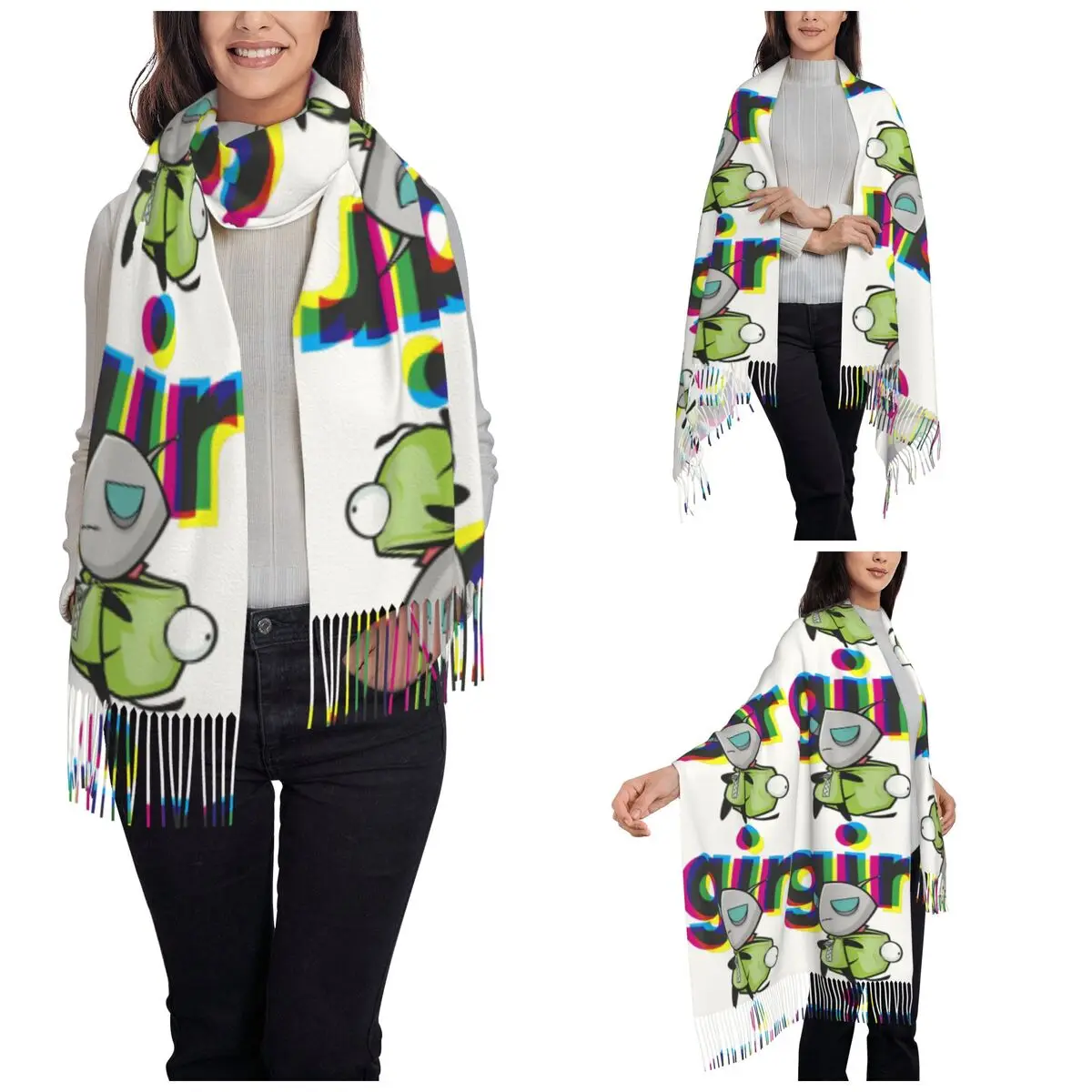 Womens Tassel Scarf Invader Zim Gir Mask Off Colorful Power Stance Portrait Long Winter Fall Shawl Wrap Gifts Cashmere Scarf