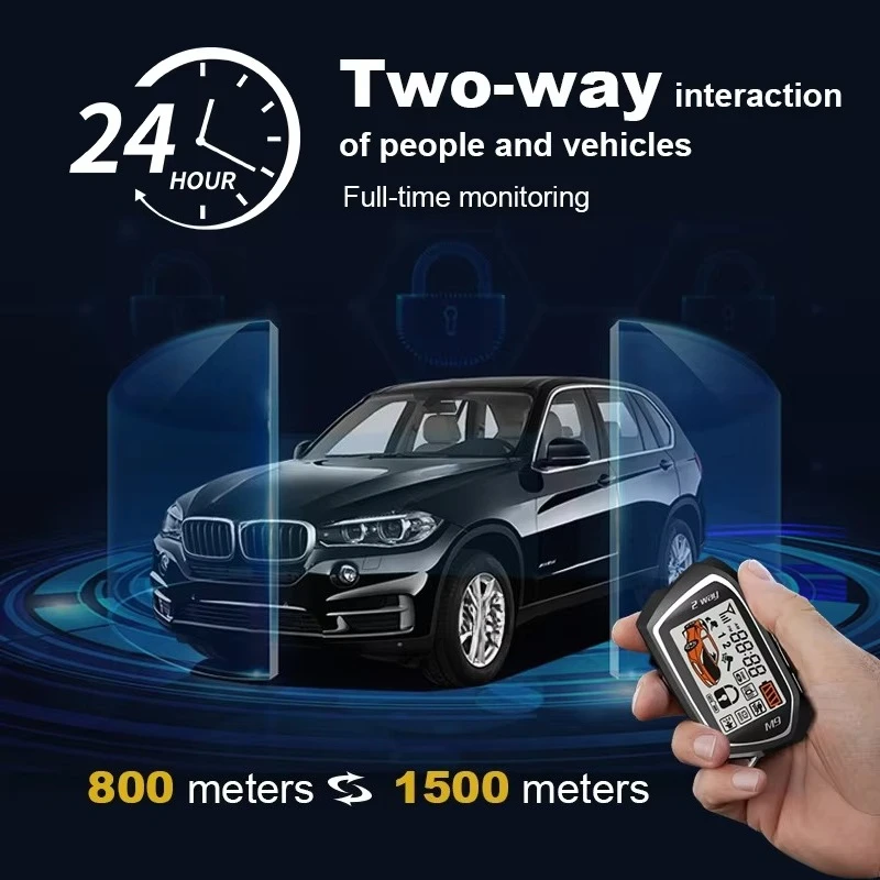 Two-Way Wireless LCD Remote Engine Start App Control 1500m Range Anti-Hijack Protection & Smart headlights 12V Car Alarm System