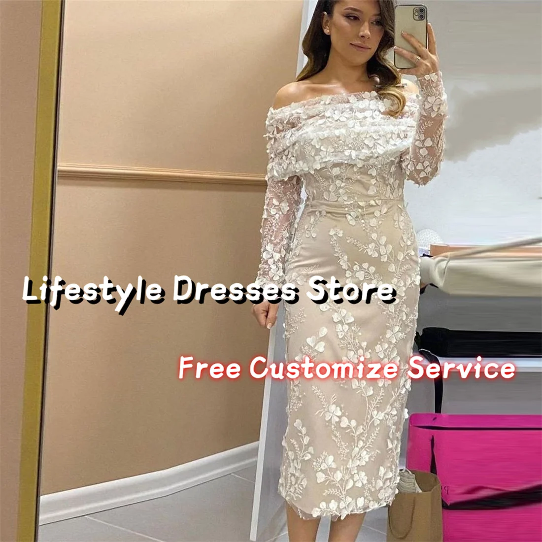 Customized Floral Sequins Lace Beads Off Shoulder Sheath Prom Dress For Wedding Party Gown Long Sleeves Bridal Dress