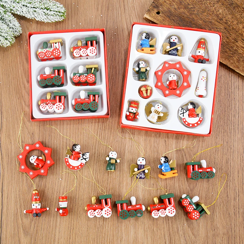 Christmas Tree Wooden Train Pendants Mini Hanging Doll Ornaments Decoration for Home 2024 Navidad Noel Xmas New Year 2025 Gifts