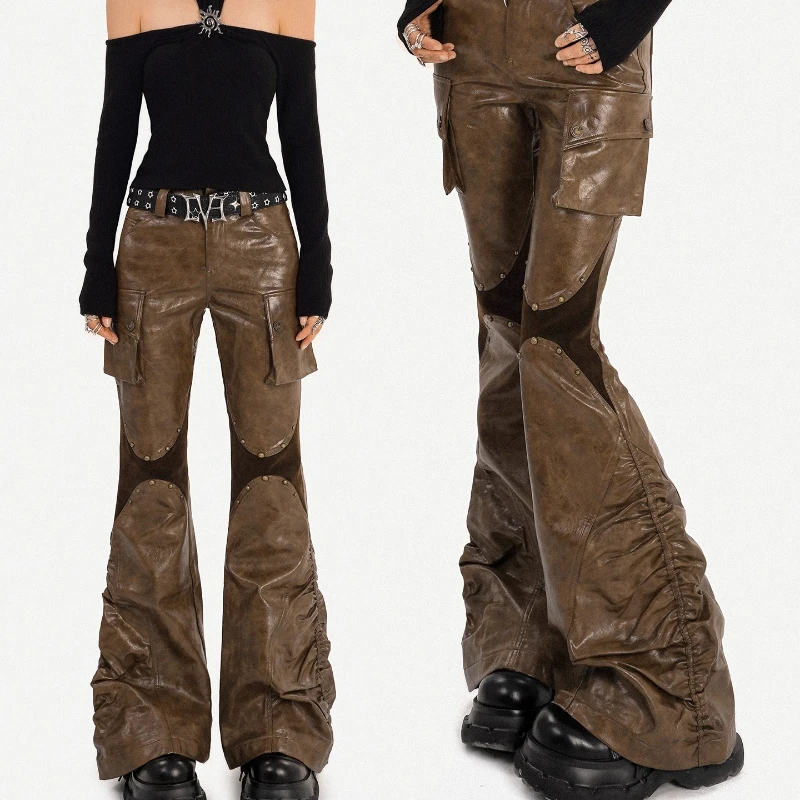 European American Retro PU Leather Women's Long Pants Autumn Sweet Cool Hot Girl Coffee Color Splicing Flared Overalls Ladies