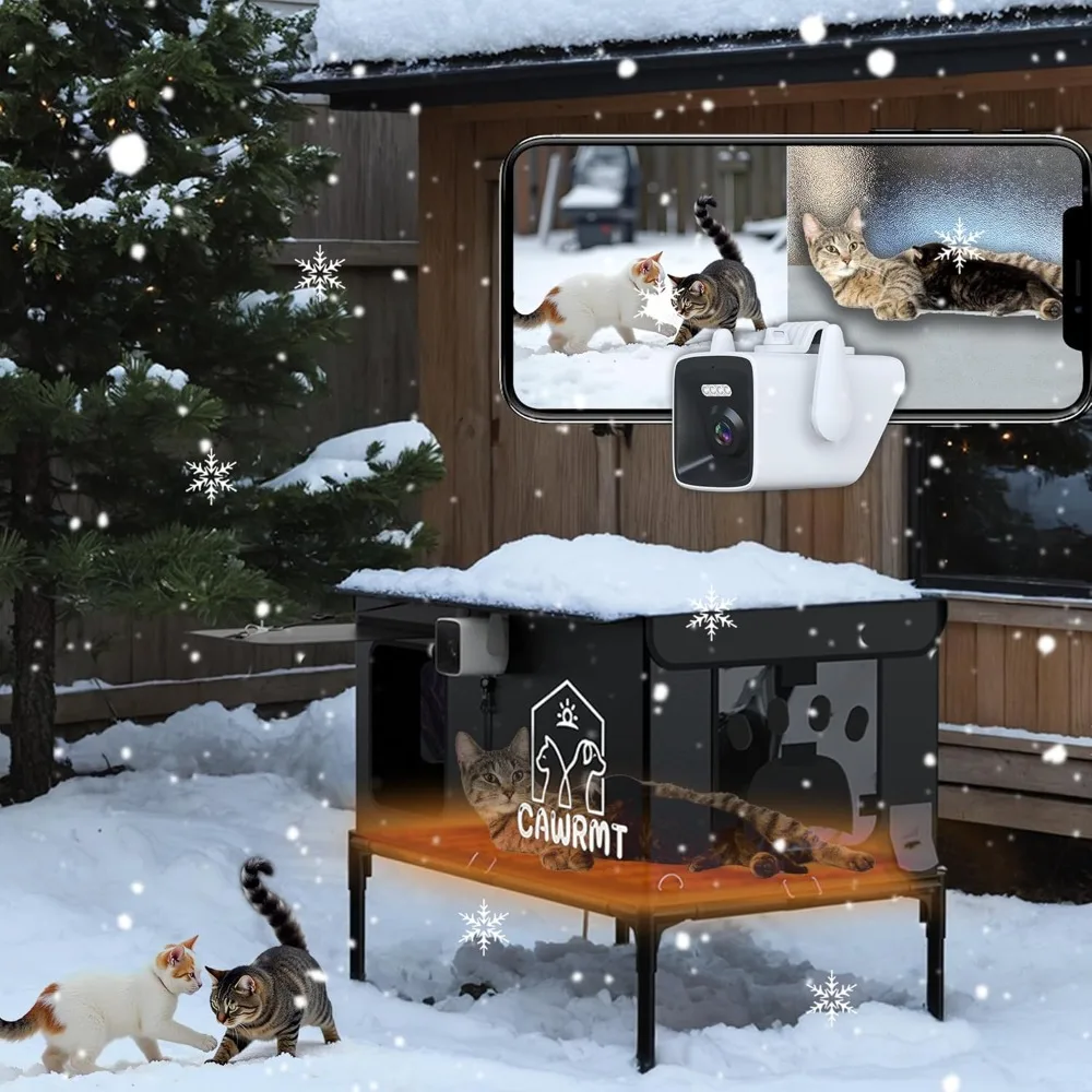 

Outdoor Heated Cat House with Camera, Insulated Cozy Shelter for Cats, Weatherproof & Durable Design, Remote Monitoring via Smar