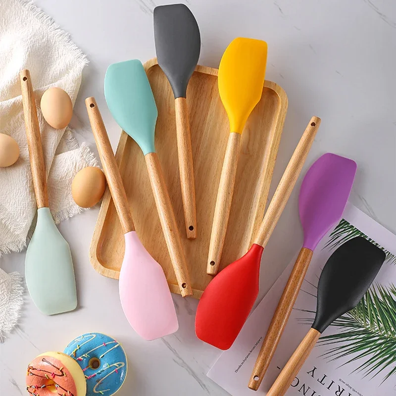 

Non-Stick Cream Baking Scraper Silicone Butter Spatula Cutter Chocolate Smoother Wooden Spatula Heat Resistant Cake Tool Molds