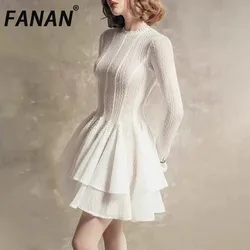 FANAN Elegant Dress O-neck Long Sleeve A-line Pleated Hem Short Women's Evening Party Dresses 2025 Spring Autumn New Fashion