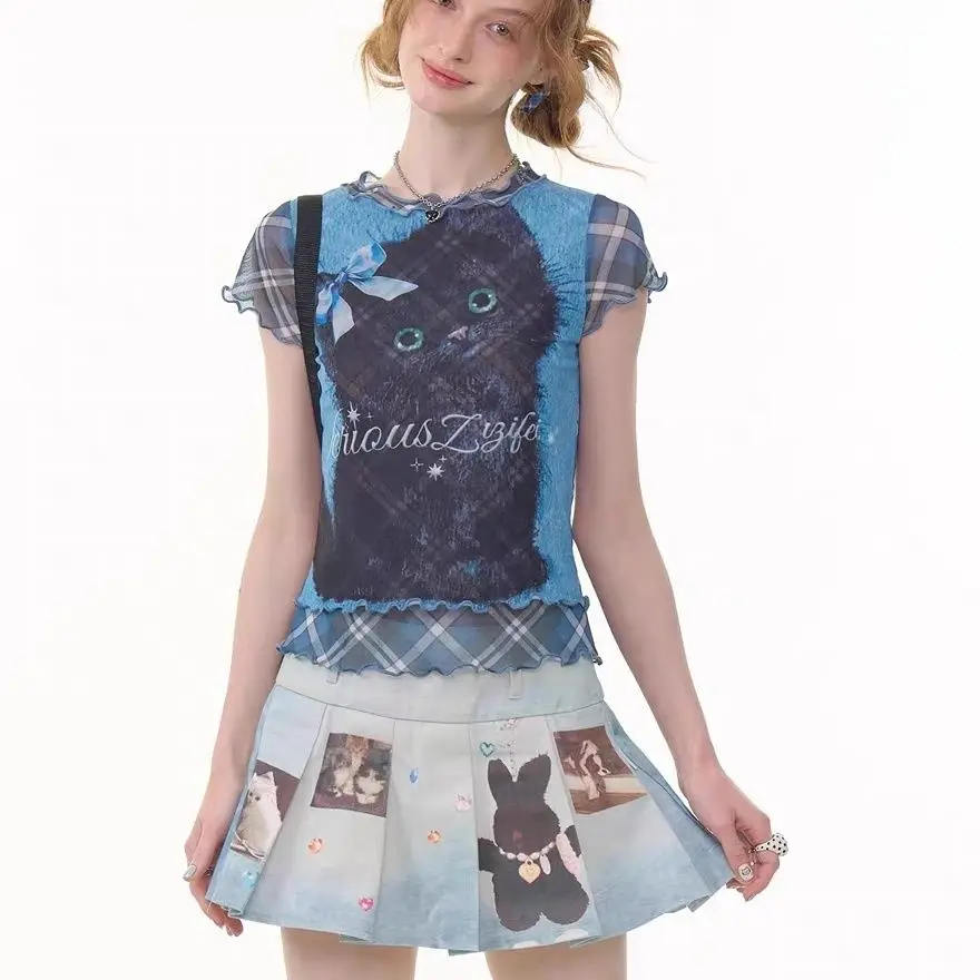 

American Style Animal Print Denim Skirt Summer New High Waist Pleated Midi Skirt Women Blue Rina Core Aesthetic