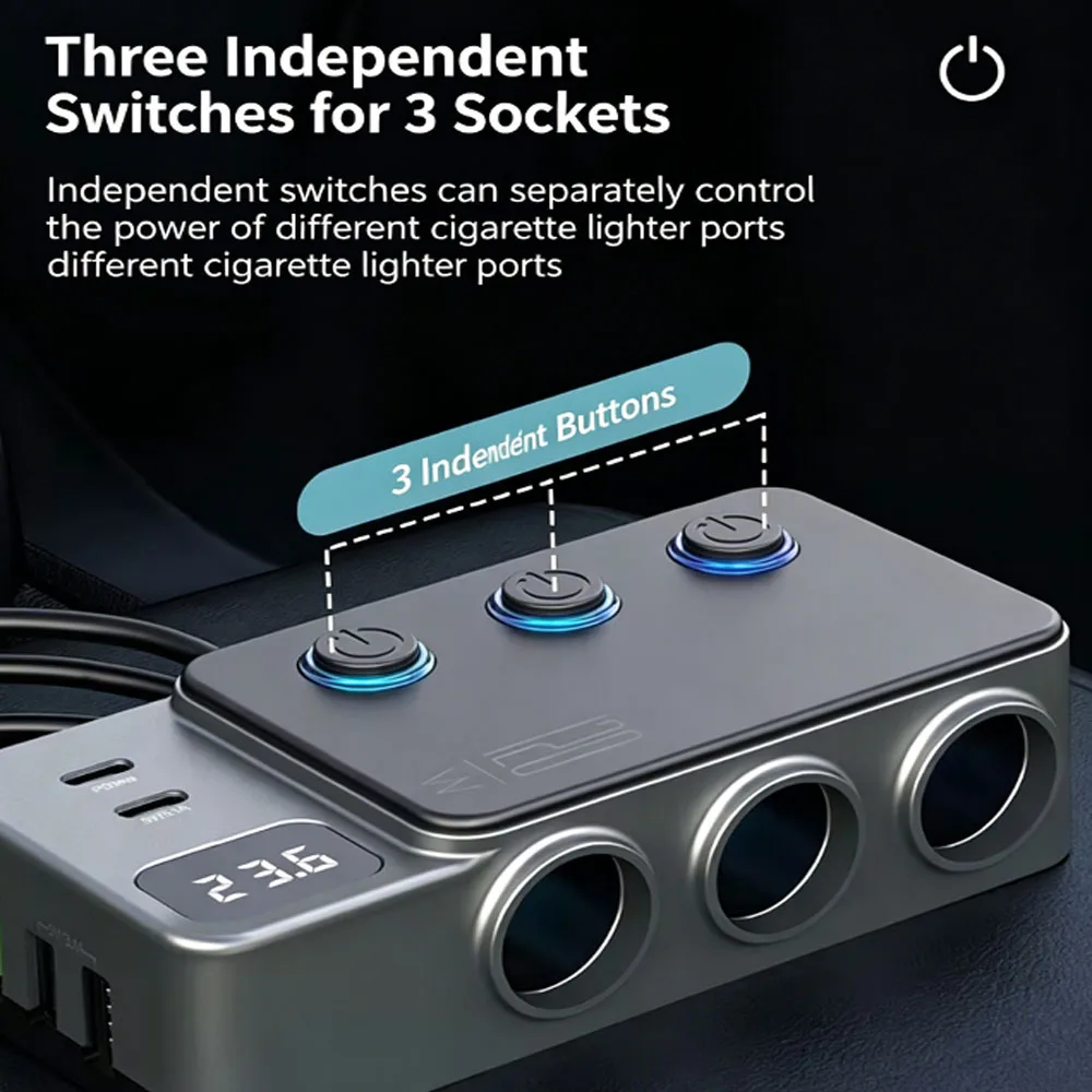 

for GC06 New 120W Car Cigarette Lighter Splitter 3 Sockets Independent Switch PD Fast Charger 3 USB Ports Vehicle Power Adapter