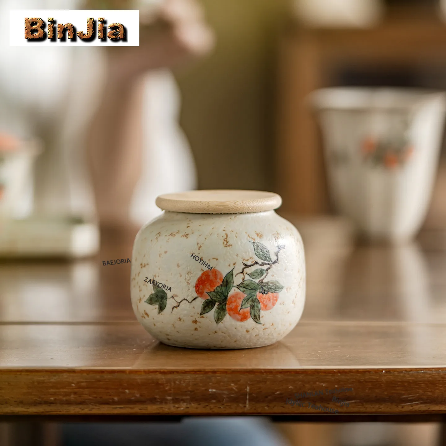 BAEJORIA Hand-painted Persimmon Tea Box Organizer Moisture-proof Creative Storage Tank Containers Tea Caddy Drinkware Decoration