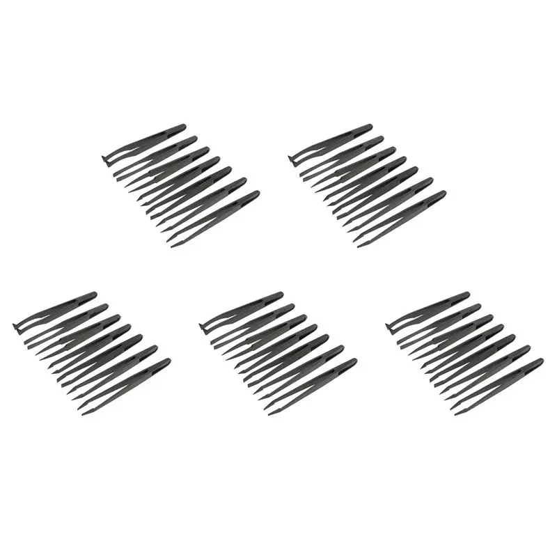 AB11-35Pcs Black Plastic Antistatic Flat Bottomed Top End Tweezers Hand Tools Set