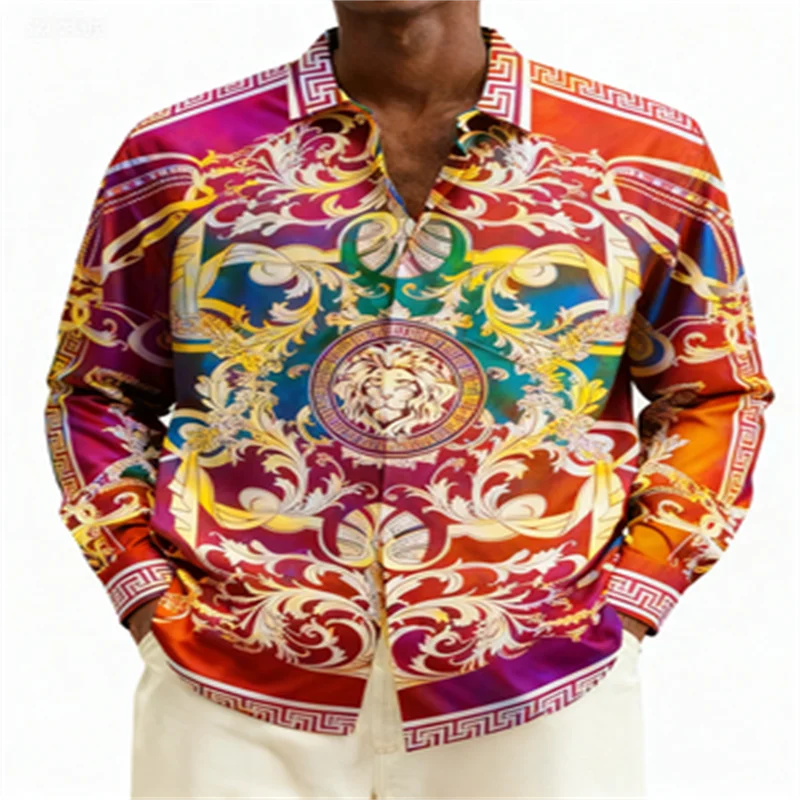 

2026 Retro Men's Hawaiian Shirt Baroque Palace Ethnic Flower Printed Elastic Pocket Camping Shirt, Spring and Autumn with Gold B