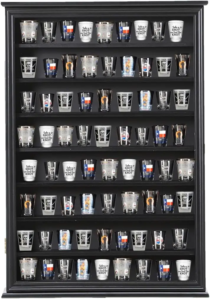 

Shot Glass Storage Display Case Large Solid Wood Cabinet Rack Holder Wall Mounted Black Shadow Box Lockable with UV Protection A