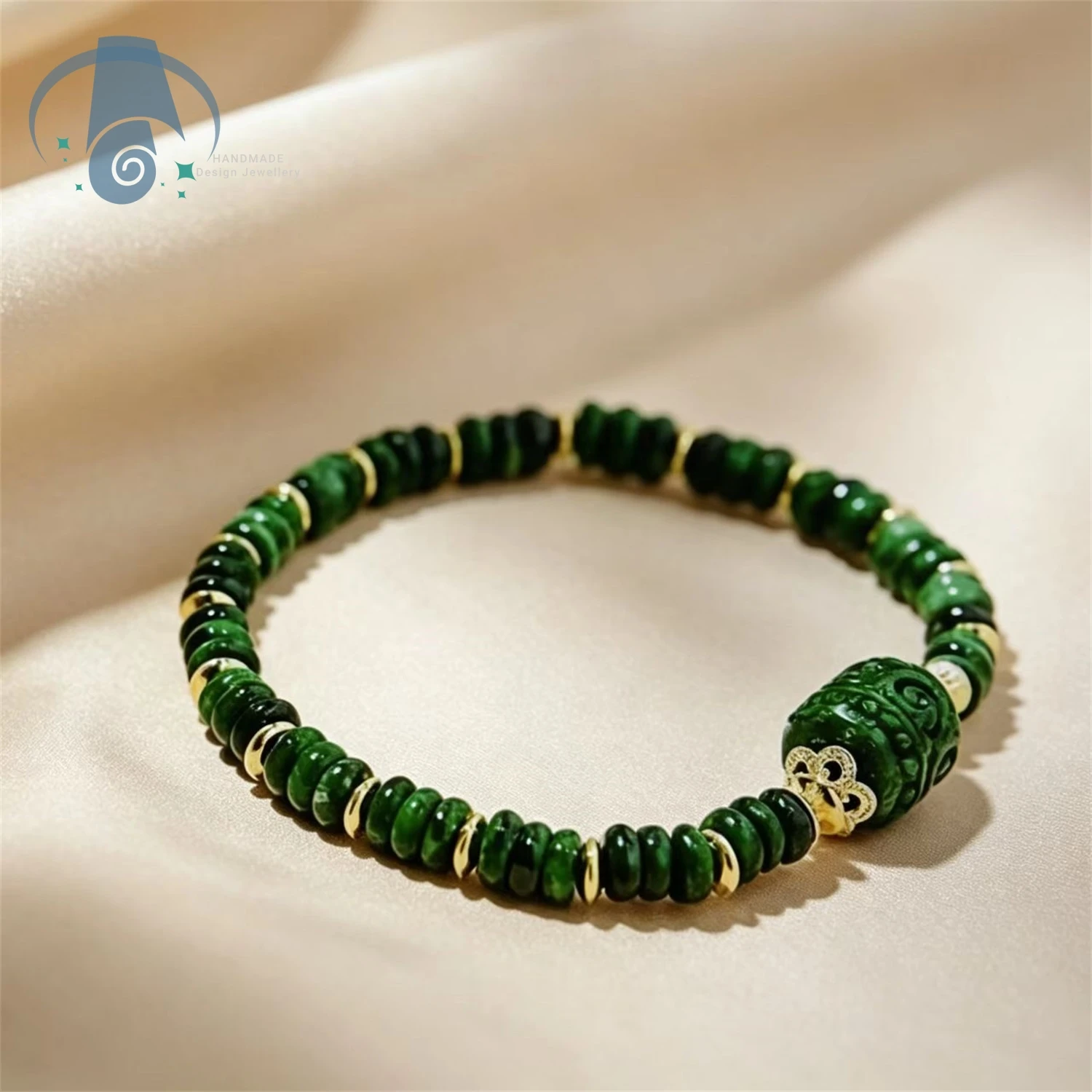 Elegant Deep Green Jadeite Beaded Bracelet Single Strand Polished Stone Vintage Ethnic Handcrafted Jewelry for Women Daily Wear