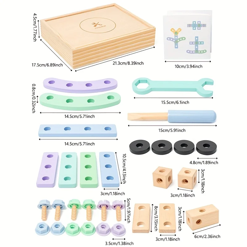 La caja de herramientas creativa para montaje de tuercas estimula la inteligencia de los niños para montar y usar la imaginación para construir una caja de madera con bricolaje