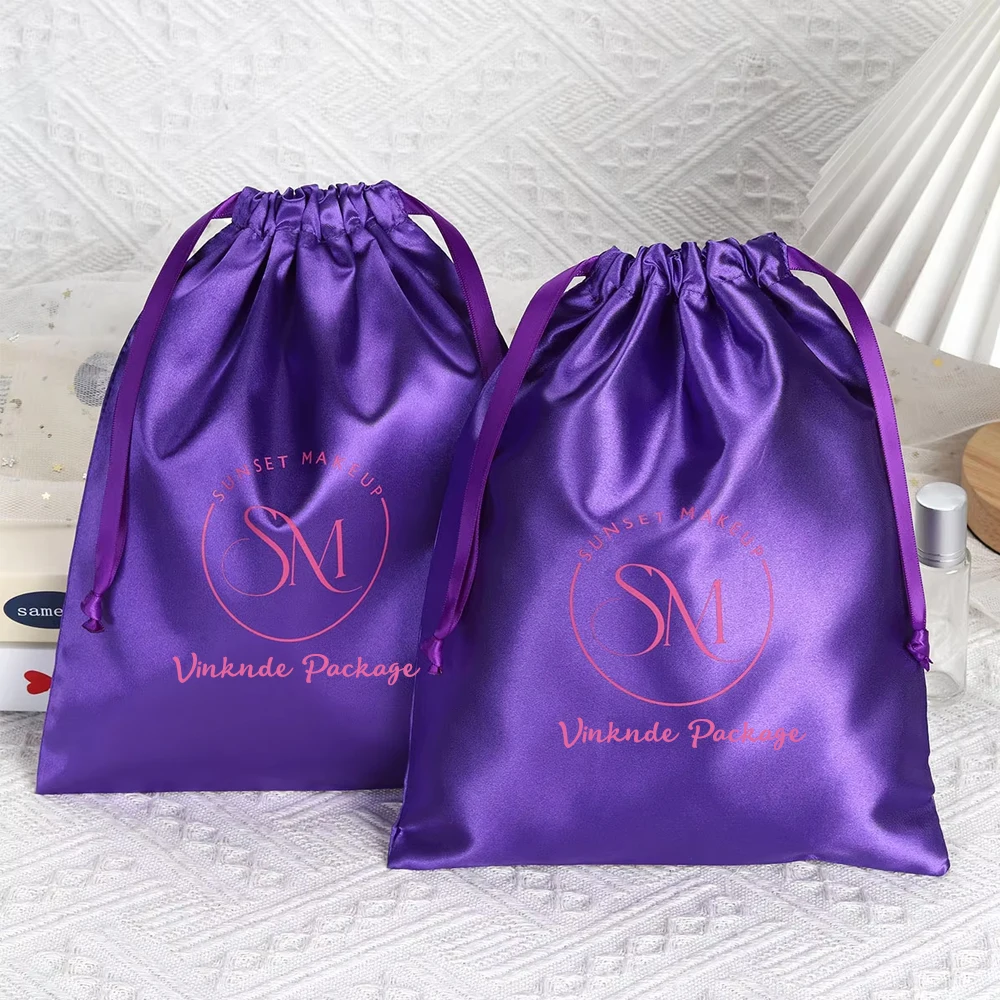 

Hot Sale Purple Satin Drawstring Pouch Custom Logo Bundle Hair Wig Hat Jewelry Bracelet Candy Candle Packaging Silk Dust Bag