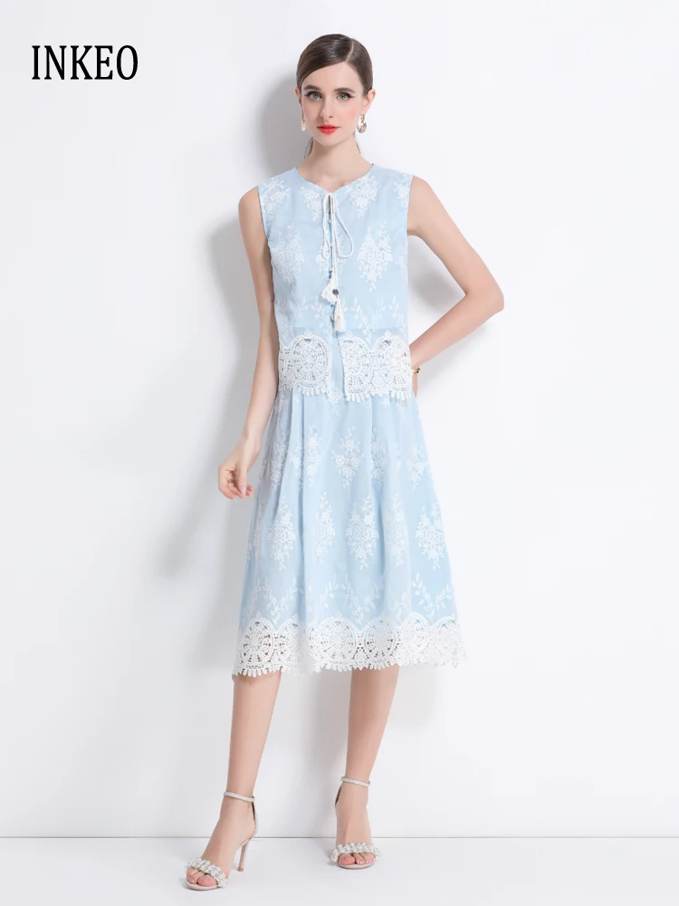 

High quality Women's embroidery 2 piece set 2025 Summer Beach O-neck Sleeveless tops Vest and Long pleated skirt INKEO 5D154