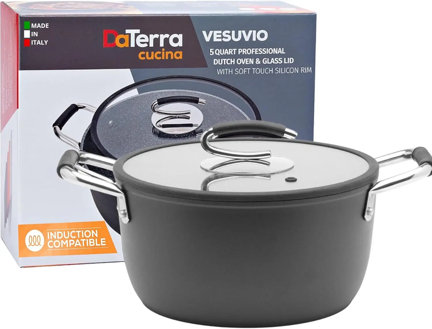 

5 Qt Nonstick Ceramic Dutch Oven with Lid - Lightweight, Dual Handles, Induction Safe for Soups and Pasta