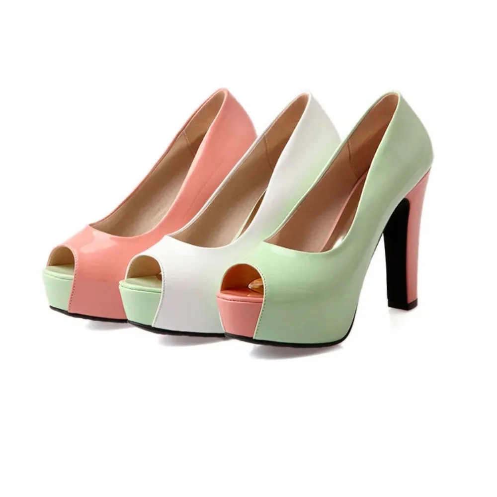 High Heels Sandals Women Sweet Fashion Patent Leather Peep Toe White Pink Green Pumps Party Wedding Platfrom Sandals  T8607