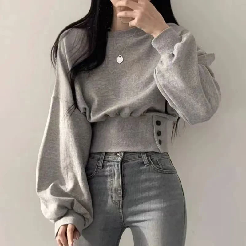 

Casual Hip-Hop Sporty Pullover Sweet Chic Street Wear Autumn Women Solid O-Neck Slim Crop Top Lantern Sleeve With Button Sweat