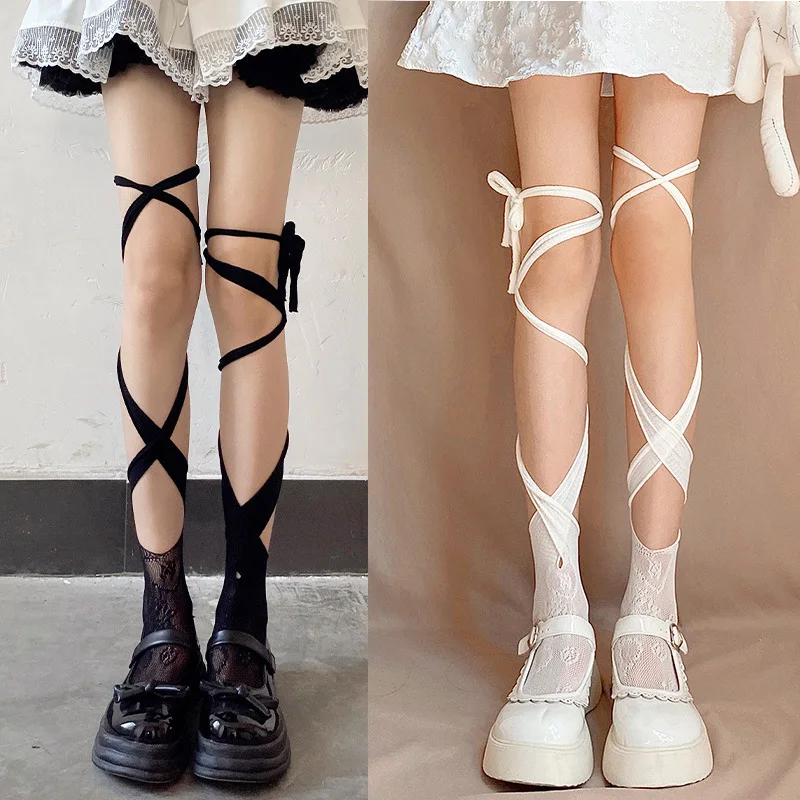 

New Jk Tie Lace Fishnet Stockings Irregular Split-toe Calf Socks Women's SexyTube Socks Straps Summer Sexy Long Japanese Socks