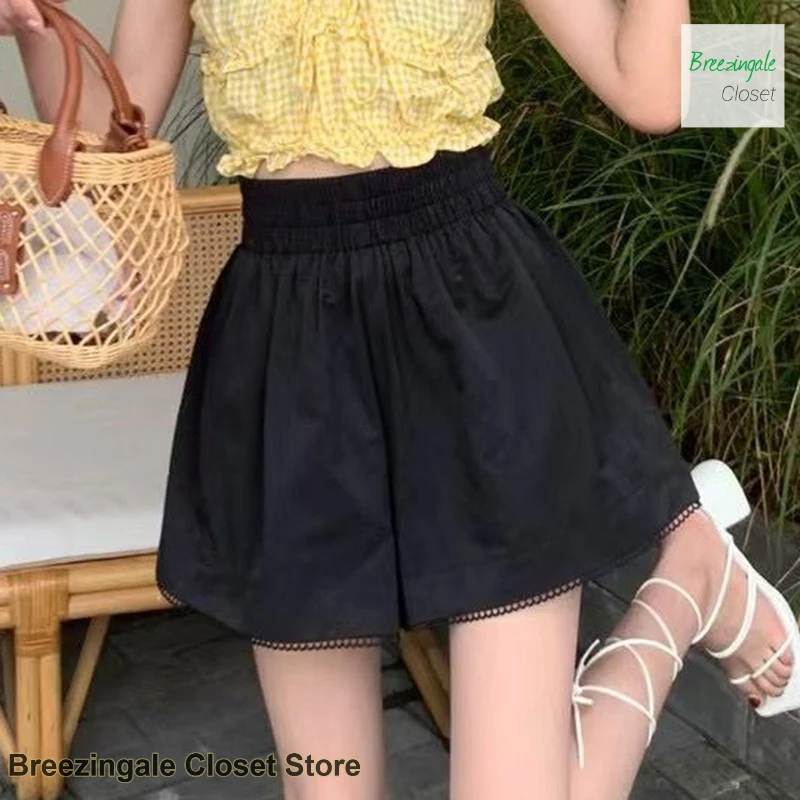 Korean sweet wind lace stitching high waist casual pants female summer slim versatile wide-leg pants elastic waist short pants.