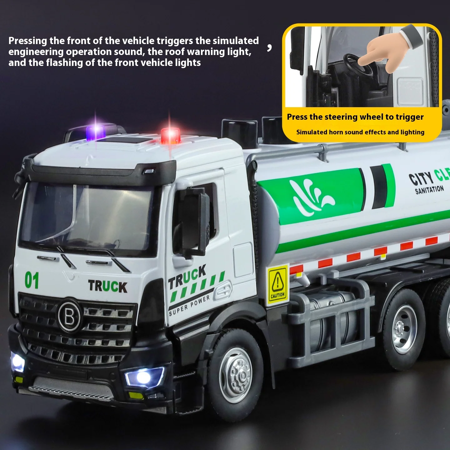 Large city sprinkler truck model metal die casting simulation sound and light children's toy engineering car Christmas gift