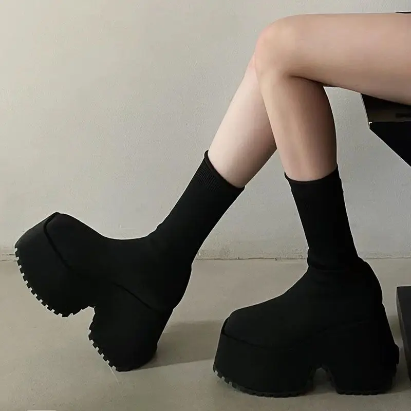 2023 Spring and Autumn New Knitted Stretch Socks Women\'s Platform Gradient Skinny Elevator Ankle Boots